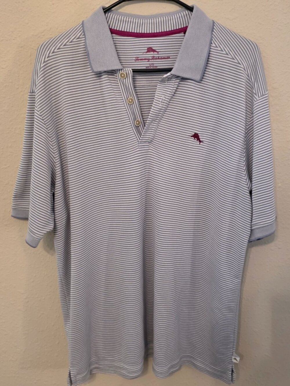 Tommy Bahama Emfielder Stripe Polo Shirt Gray White Maroon, Men's Size Large
